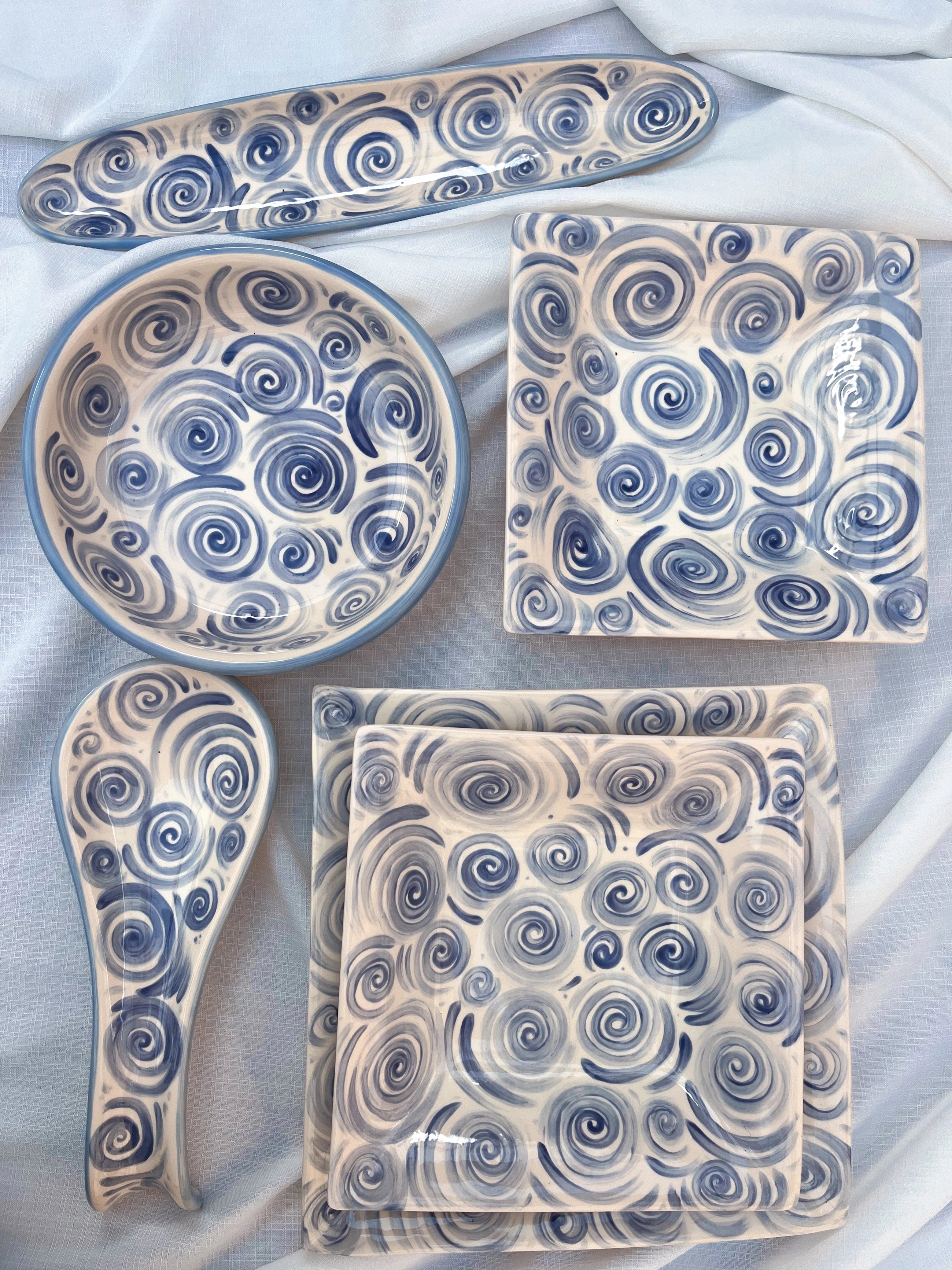 Travessa Prato Fundo Flow Quadrado De Cerâmica Azul